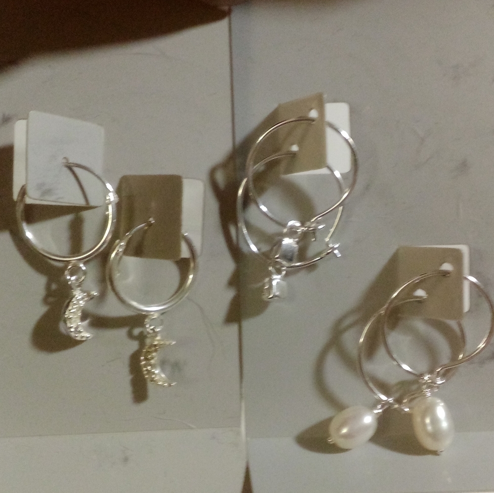🩶 AUTH.STERLING SILVER SMALL DANGLE HOOP EARRINGS SET CHARMS JEWELRY BRAND NEW
